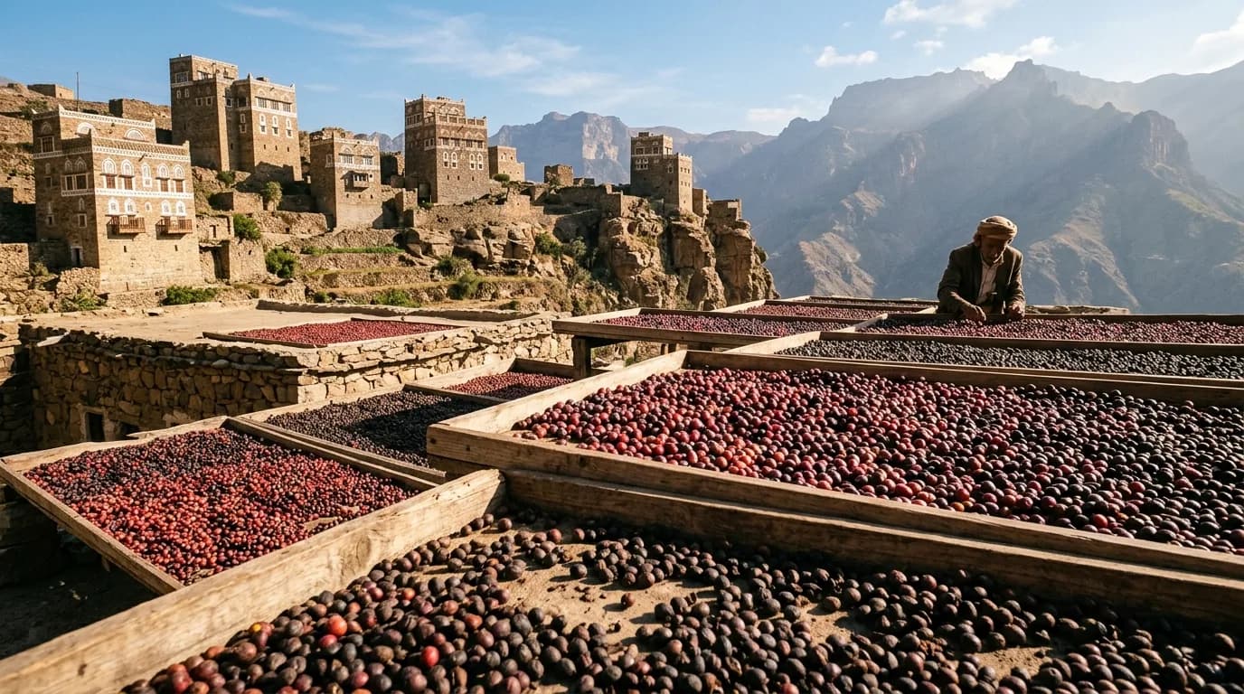 Traditional Yemeni coffee cherry sun drying